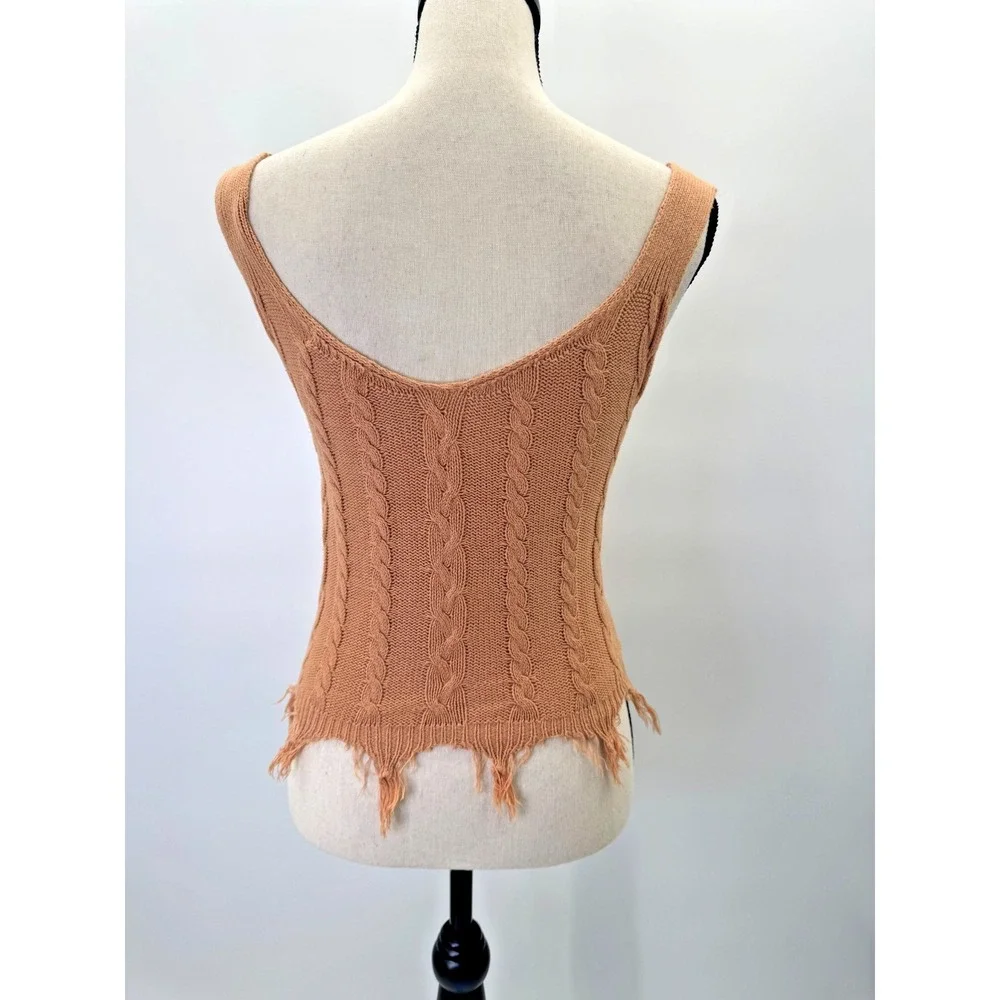 Boho Festival Cable Knit Crochet V-Neck Top Small Fringe Tan Coral Western Beach